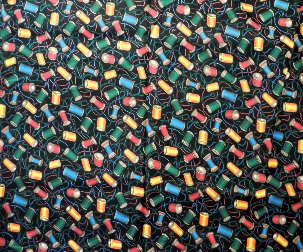 Vintage Fabric Traditions Cotton Sewing Fabric With Spools Of Thread 5 Yards