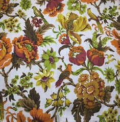 Birds Flowers Avocado Golden on Tan VTG Cotton Canvas House n Home Fabrics 1.75Y