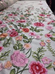 Pink Floral Lace Red Flowers Embroidery On Nude Mesh Fabric Sold By The Yard
