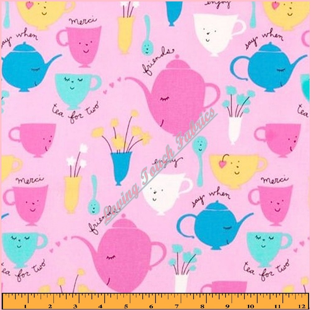 FREE SPIRIT “TEA PARTY” TEACUPS TEAPOTS SAYINGS WORDS FABRIC 1/2 YD 18″X 44″ PNK