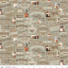 Coffee Time Text Sage Cotton Fabric