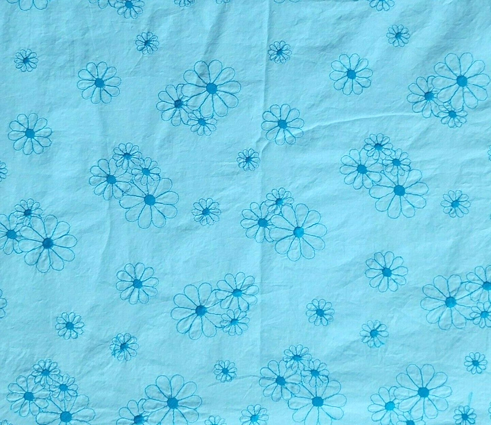 Blue Floral Embroidered Fabric Cotton? Stitched Daisy Flowers Spring 55×78 Boho