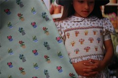 FLOWER POTS ON GREEN SMOCKING 100% COTTON FABRIC SMOCKING QUILTING DOLL CLOTHES