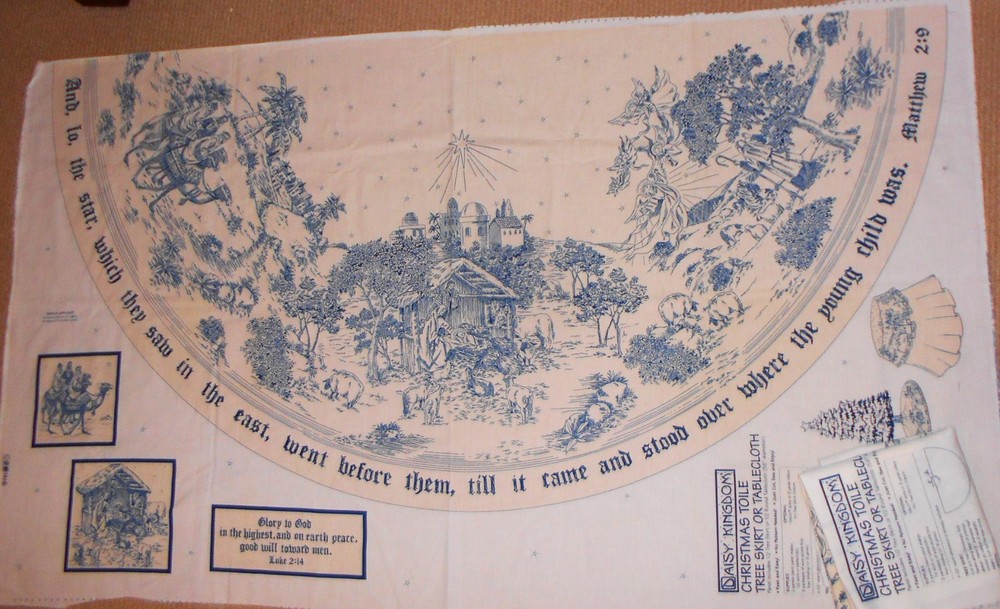 HTF Set Of 2 Daisy Kingdom CHRISTMAS TOILE TREE SKIRT #1664 58″ Dia. Bible Verse