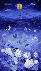 Ocean Asian Moonlight Fabric Panel ~ 24″ x 44″ ~ Blue, butterflies, floral