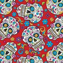David Textiles Red Folkloric Sugar Skulls 100% cotton fabric BTY Mexican Day