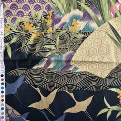 Vtg 2003 TRENDTEX Asian Cranes Lilies Metallic Cotton Fabric 3 Yds EH-20127