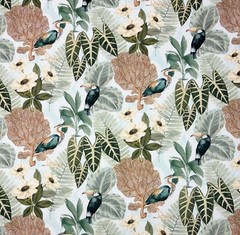 STOF FRANCE AIGRETTE AQUA TOUCAN BIRD TOILE TROPICAL COTTON FABRIC BY YARD 54″W