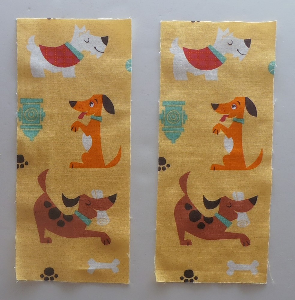 Fabric Cotton 2 Rectangles – Comic Dogs on Yellow 7 3/4″ L x 3 1/4″ W