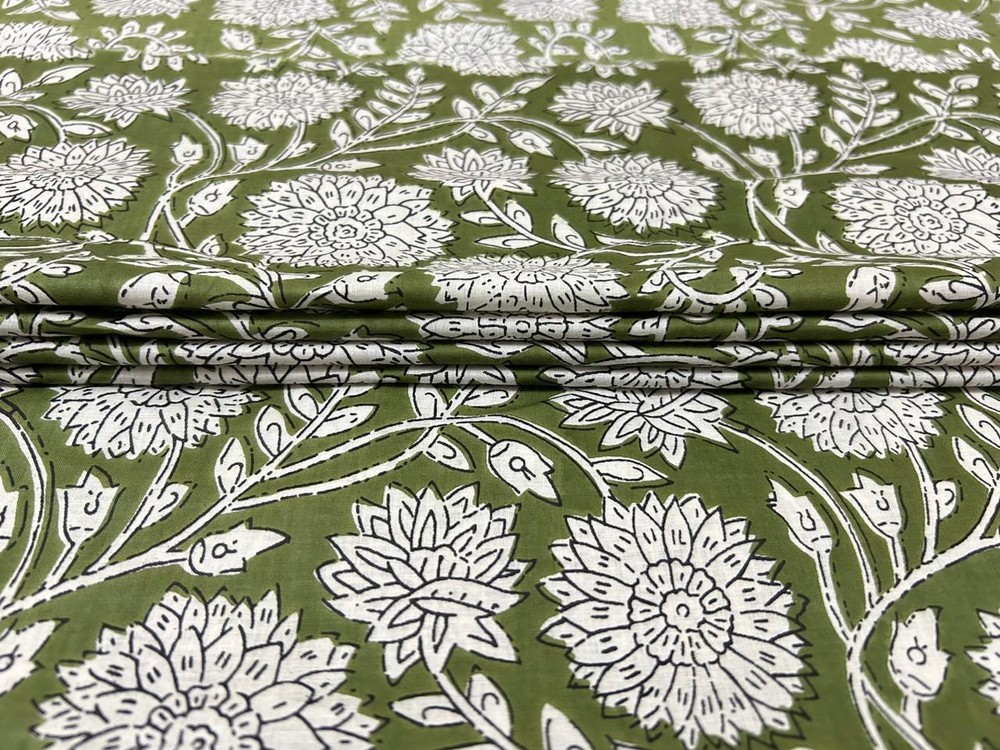 5 Yard Hand Block Green Floral Print Fabric Natural Handmade Cotton Indian Craft