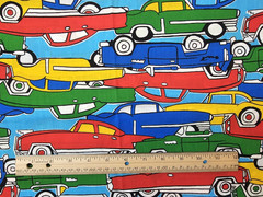 Vintage BRIGHT MULTICOLOR CARS VEHICLES KIDS NOVELTY COTTON FABRIC 2 Yards x 44″