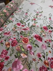 Pink Floral Lace Red Flowers Embroidery On Nude Mesh Fabric Sold By The Yard