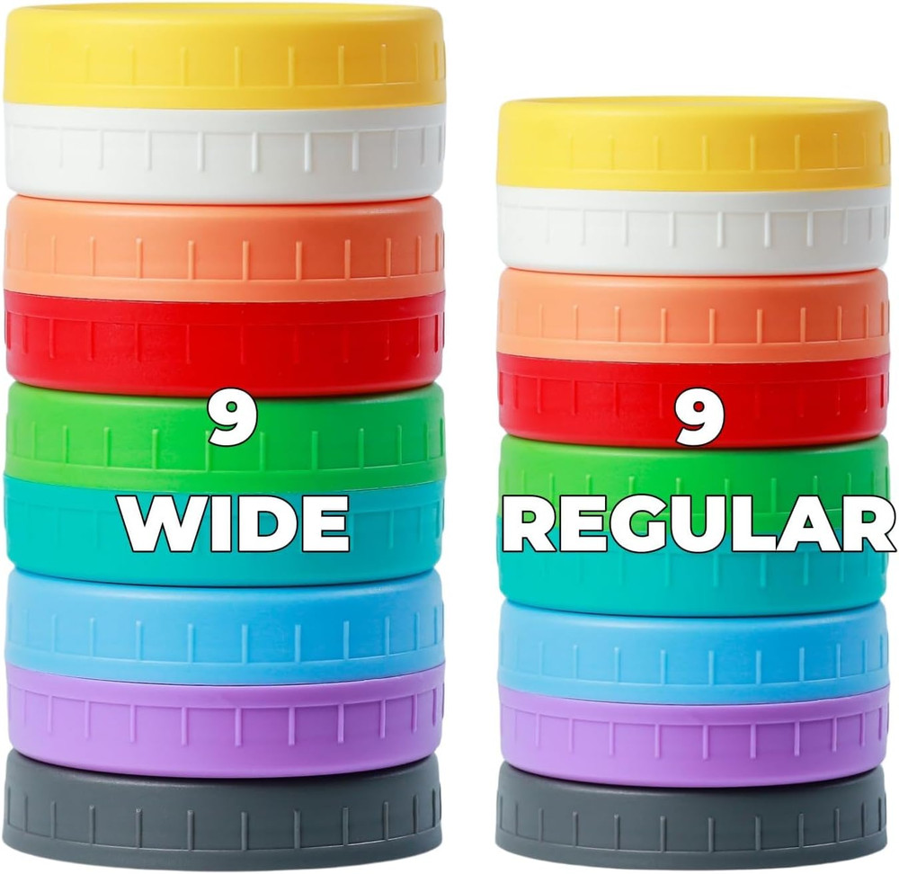 18 Pack Wide & Regular Mouth Mason Jar Lids with Silicone Rings Leakproof Plasti