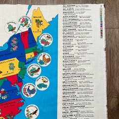 Vintage Map of United States Cotton Fabric Panel USA State Birds Flowers