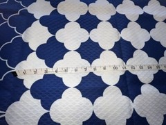 EUC 73”Lx44”W navy/white fish-scale/scallop pattern raised weave uphlstry fabric