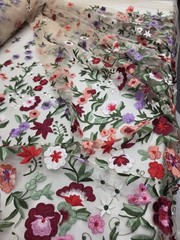 Fabric By The Yard Lace Embroidery Multicolor Pink Floral On Nude Mesh Lace