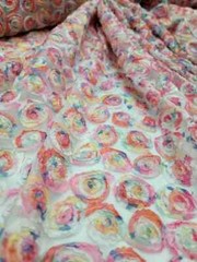 “White Mesh Fabric with Multicolor Floral Embroidery and Pastel Confetti: Sold b