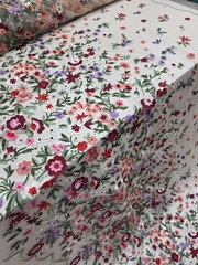 Fabric By The Yard Lace Embroidery Multicolor Pink Floral On Nude Mesh Lace