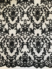 Helena-B BLACK Embroidered Damask Pattern with Faux Pearls and Beads on Mesh La