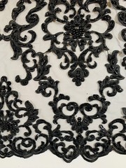 Helena-B BLACK Embroidered Damask Pattern with Faux Pearls and Beads on Mesh La