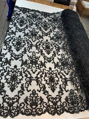 Helena-B BLACK Embroidered Damask Pattern with Faux Pearls and Beads on Mesh La