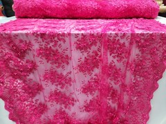 Fuchsia 3d Floral Embroidery Pearls Fabric By The Yard Quinceañera Dress Prom