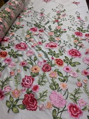 Pink Floral Lace Red Flowers Embroidery On Nude Mesh Fabric Sold By The Yard