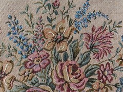 FRENCH TAPESTRY~Floral Embroidered Panel~ANTIQUE VINTAGE~Vase Flower Arrangement