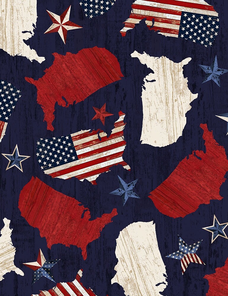 Patriotic Fabric – USA United States Map Toss Red Blue – Timeless Treasures YARD