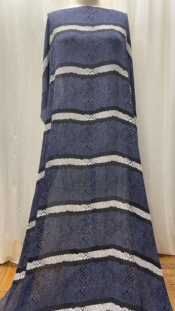 100% Silk Georgette Blue Snakeskin & Border Stripe Fabric By The Yard 46 ” Wide