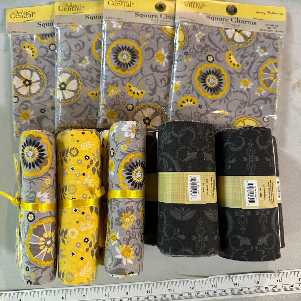 Fabric Central Sunny Collection Fat Quarter Eighths Charm Pack Lot Yellow Grey
