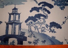 Zen Indigo Deep Blue Asian Pagoda Floral Toile Regal Fabric