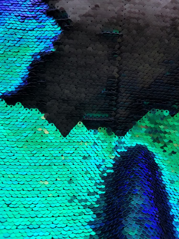 GREEN &BLACK MERMAID Reversible 5mm Sequin Fabric Flip 2 Tone 130cm wide