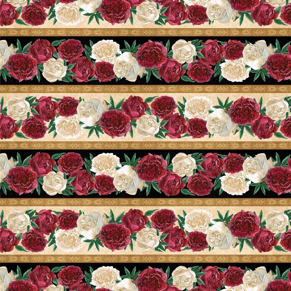 Wilmington Prints – Crimson Blooms – Repeating Border Stripe – Multi, Fabric BTY