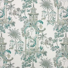 VILBER SIAM TOILE VERT GREEN MONKEY ORIENTAL TEMPLE COTTON FABRIC 7.5 YARDS 54″W