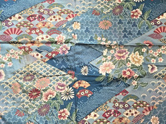Vtg Robert Kaufman~ Asian Blue Floral & Fan Cotton Fabric 1 yd