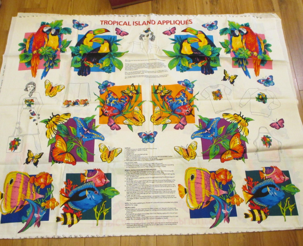 VTG COTTON FABRIC PANEL vip TROPICAL ISLAND APPLIQUES parrots fish QUILT CRAFT