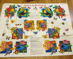 VTG COTTON FABRIC PANEL vip TROPICAL ISLAND APPLIQUES parrots fish QUILT CRAFT