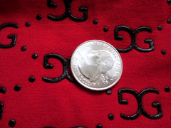 Red Polyester One Way Stretch Fabric GG Black Puff Paint 3D Design 68 Inches
