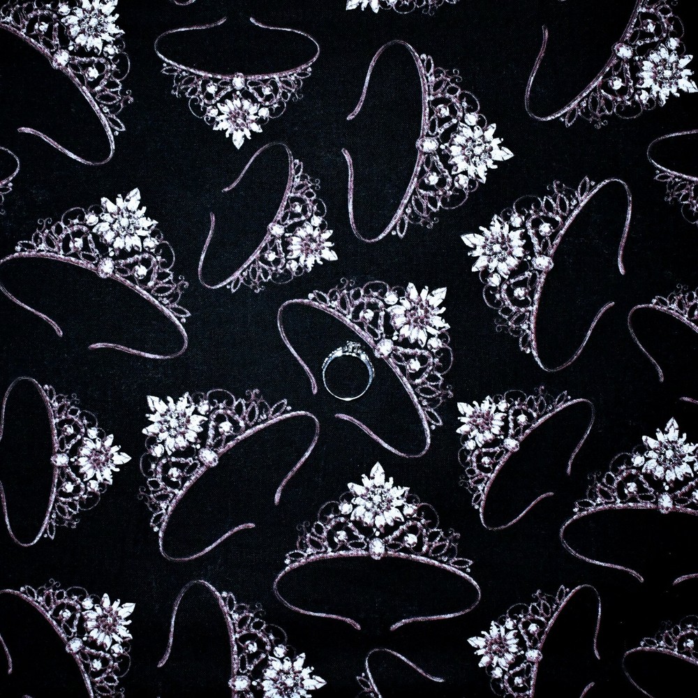 BonEful FABRIC FQ Cotton Quilt Black Pink Diva Girl Flower CROWN Silver Metallic