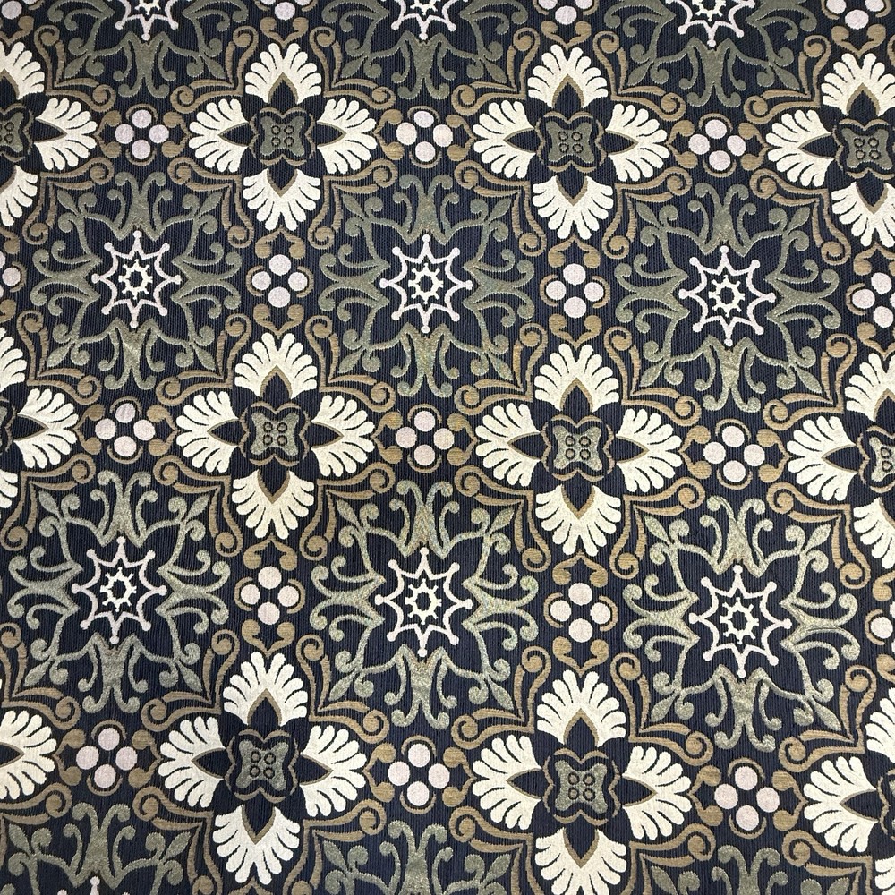 Fabric By The Yard Dark Navy Blue Baroque Ornate Medallions Damask Floral