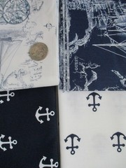 *FABRIC BUNDLE: 4pc Nautical Map Ocean Sailboat Navy White Cotton Quilt 2yd(F24)