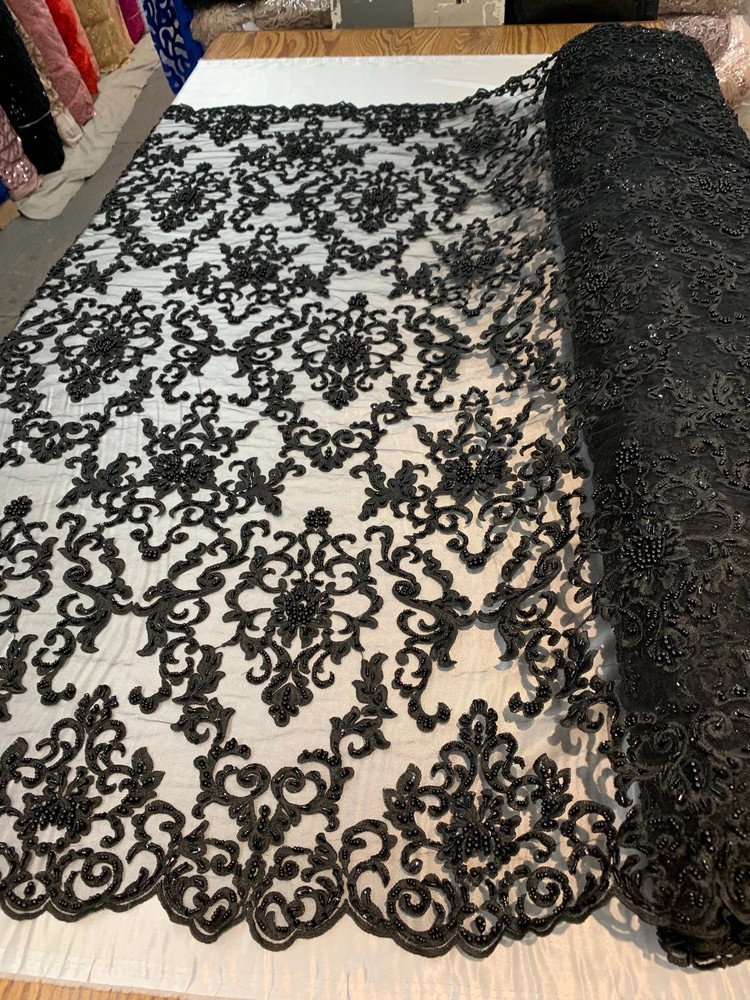 Helena-B BLACK Embroidered Damask Pattern with Faux Pearls and Beads on Mesh La