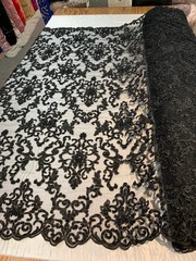 Helena-B BLACK Embroidered Damask Pattern with Faux Pearls and Beads on Mesh La