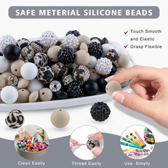 118Pcs Mixed Black White Oat Acrylic Rhinestone Spacer Print Silicone Beads for