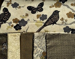 7.5 Yds PLUM BLOSSOMS Kathy Hall Birds Metallic Gold Cream black Asian Andover