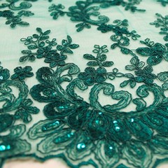 Melody HUNTER GREEN Polyester Floral Embroidery with Sequins on Mesh Lace Fabri