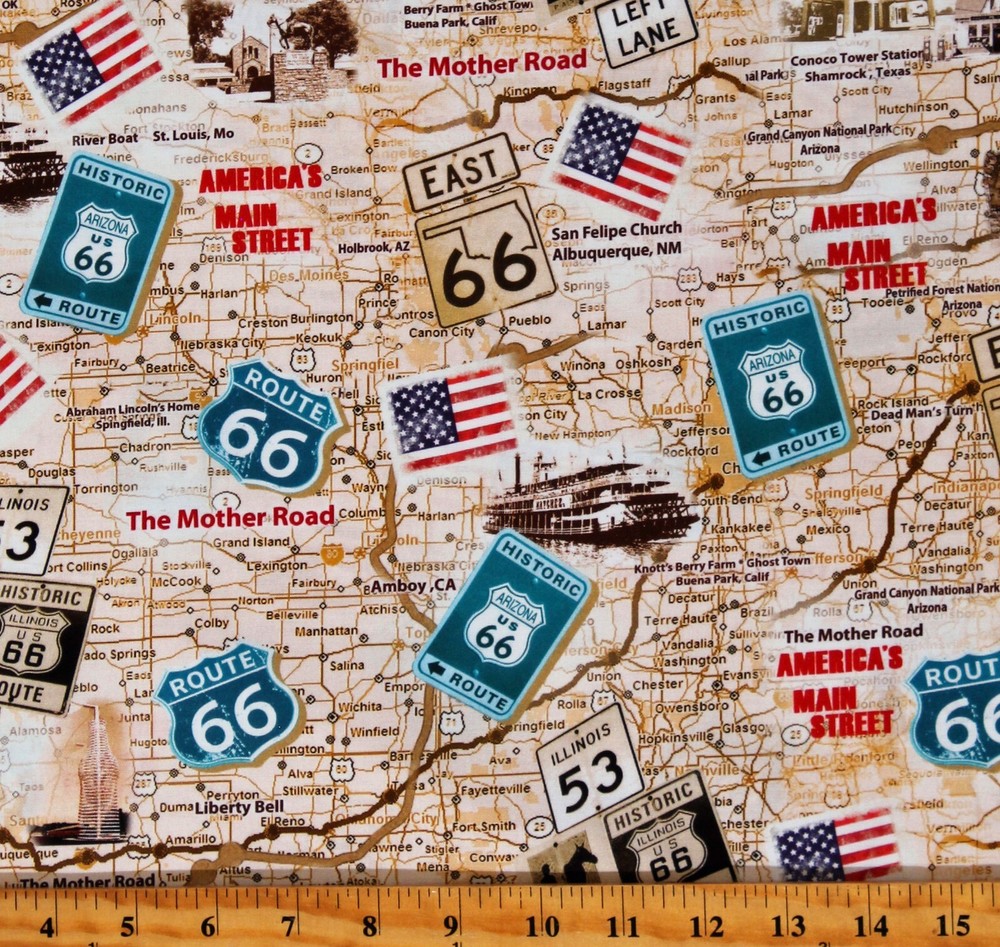 Cotton Vintage Route 66 Antique Map Road Trip Travel Fabric Print BTY D306.65