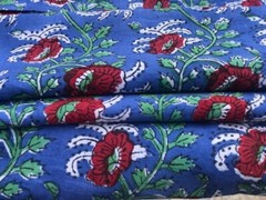 Indian Red and Blue Floral Hand Block Print Cotton Fabric (by the yard)