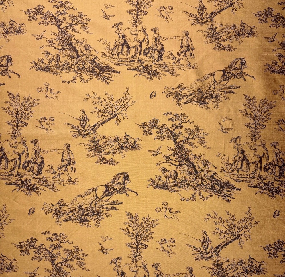 DESIGNER FRENCH COUNTRY TOILE SEPIA BROWN 100% SILK PRINTED FABRIC BY YARD 54″W